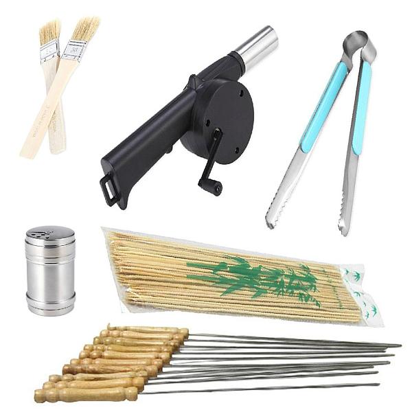 AB13107-A Primitive Outdoor BBQ Barbecue Tools 6 in 1 Kit Kabob Skewers Hand Air Blower Grill Clip Bottle Jar Oil Brush