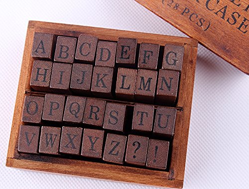 DIY 28pcs Wooden Rubber Stamps Box Case Schoolbook Upper Case Alphabet Craft Typewriter Gift