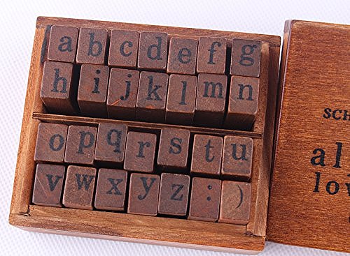 DIY 28pcs Wooden Rubber Stamps Box Case Schoolbook Lower Case Alphabet Craft Typewriter Gift