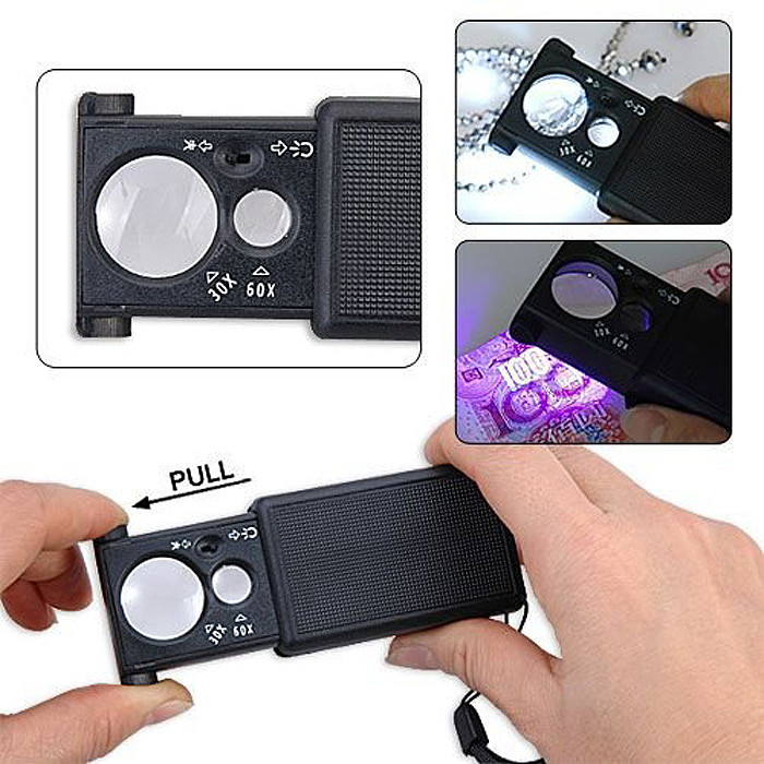 30X 60X Mini Portable LED Currency Detecting Jewellery Identifying Magnifier Loupes Pullout Switch