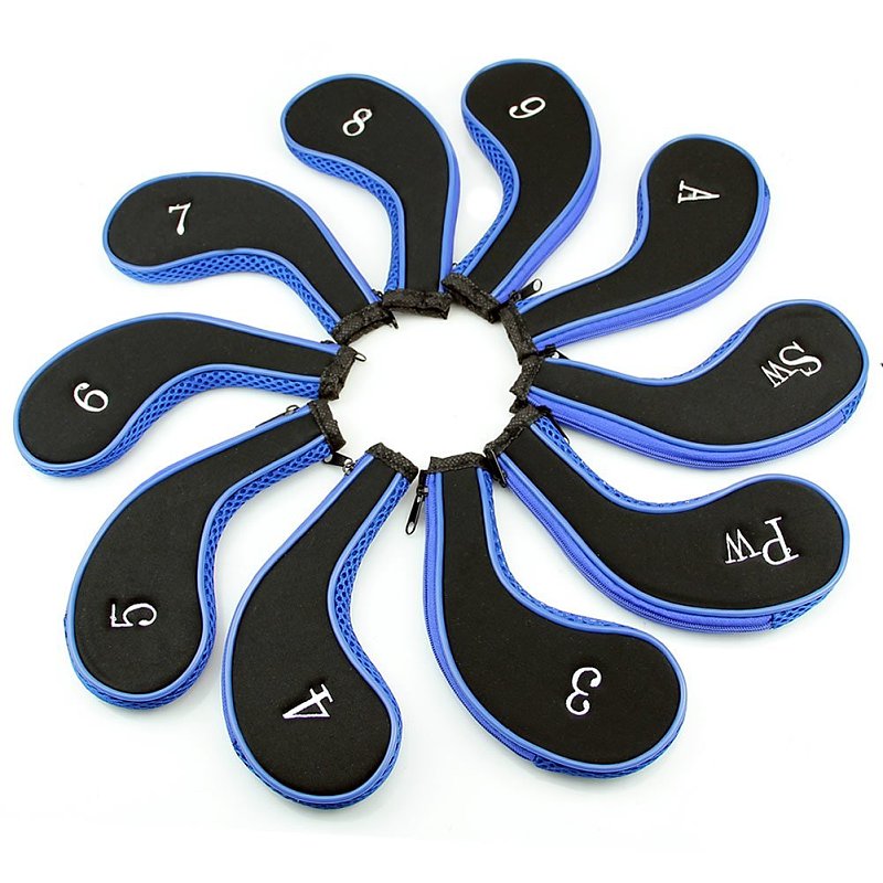 F14403 10Pcs/Set Zippered with Number Golf Club Iron Putter Head Cover Protector Long Neck Neoprene Headcover Set Blue&B