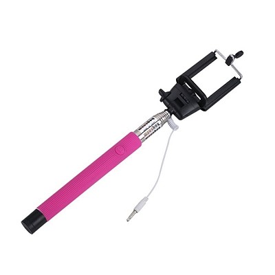 Extendable 3.5mm Wired Handheld Selfie Stick Camera Tripod Monopod Pole with Samll Mobile Phone Holder Clip- Red