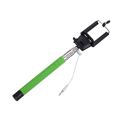 Extendable 3.5mm Wired Handheld Selfie Stick Camera Tripod Monopod Pole with Samll Mobile Phone Holder Clip- Green