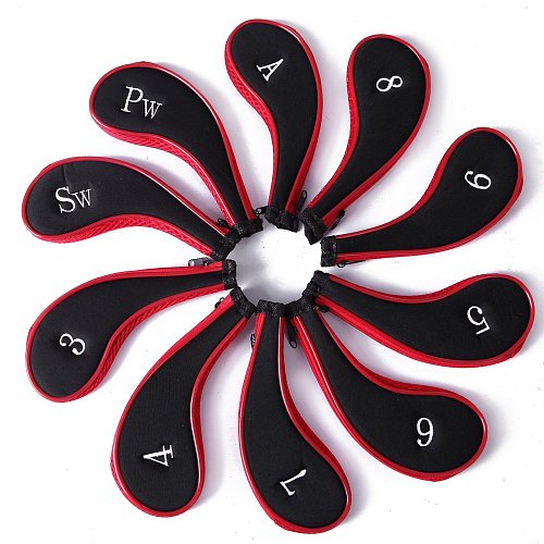 F14402 10Pcs/Set Zippered with Number Golf Club Iron Putter Head Cover Protector Long Neck Neoprene Headcover Set Red&Bl