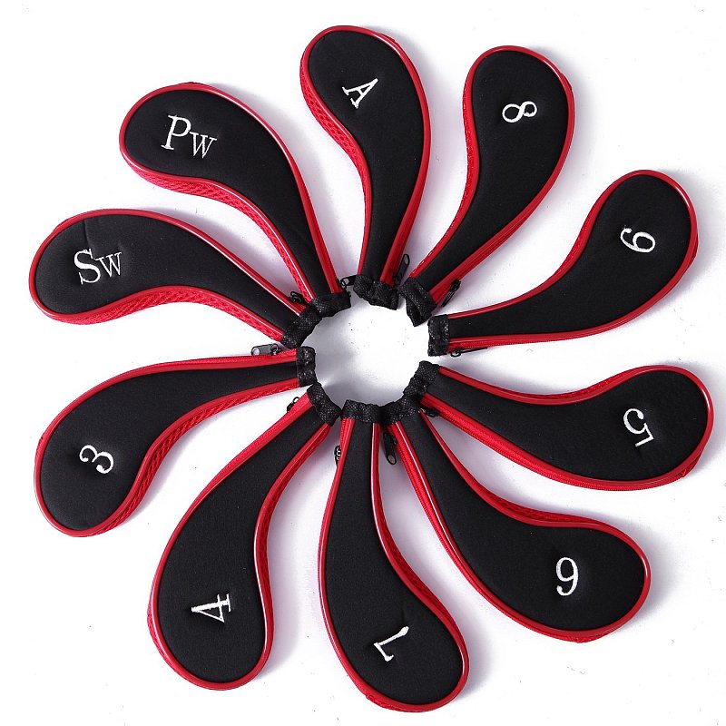 F14402 10Pcs/Set Zippered with Number Golf Club Iron Putter Head Cover Protector Long Neck Neoprene Headcover Set Red&Bl
