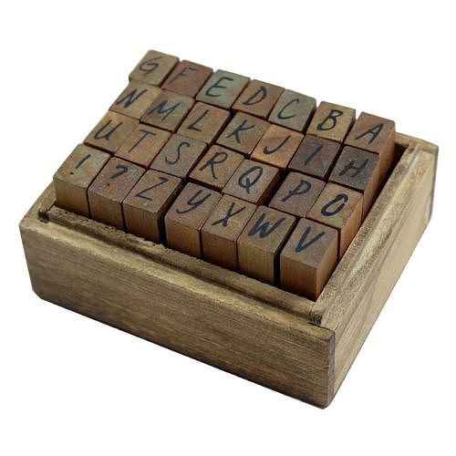 DIY 28pcs Wooden Rubber Stamps Box Case Handwriting Form Upper Case Alphabet Craft Typewriter Gift