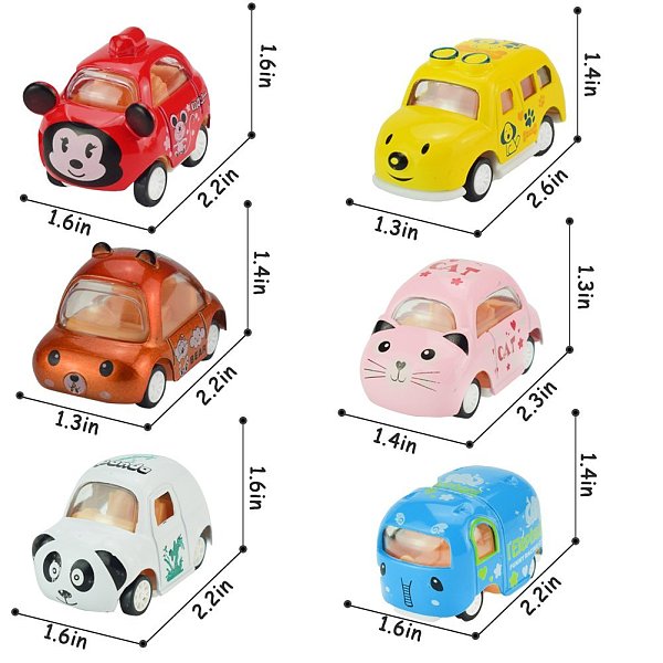 Alloy Die-cast 1:64 Carton Animal Mini Truck Toys Pull Back Vehicles 6 Pack Assorted Cars Play Set for Kids Toddler Party