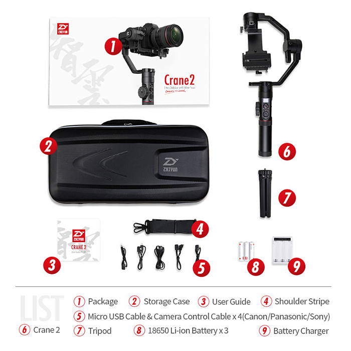 Newest Zhiyun Crane 2 Stabilizer Handheld Gimbal 18hours Support Max 3.2kg DSLR Mirrorless Cameras with Real Time Follow Focus