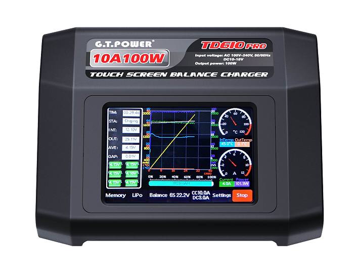 New GTP TD610 PRO AC 100-240V Input Colorful Touch Screen 100W 10A Balance Charger for 1-6S LiPo Lilon LiFe LiHV 1-14S NiCd NiMH