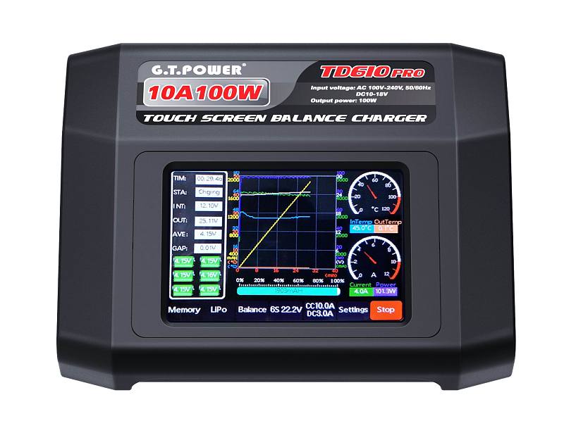 New GTP TD610 PRO AC 100-240V Input Colorful Touch Screen 100W 10A Balance Charger for 1-6S LiPo Lilon LiFe LiHV 1-14S NiCd NiMH