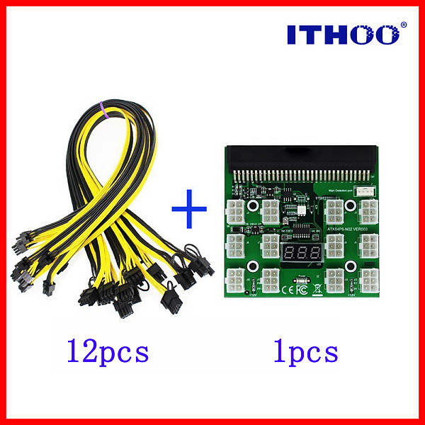 PCI-E 12V 64Pin to 12x 6Pin Power Supply Server Adapter Breakout Board w 12Pcs 6Pin Power Cable for HP 1200W 750W PSU GPU Mining