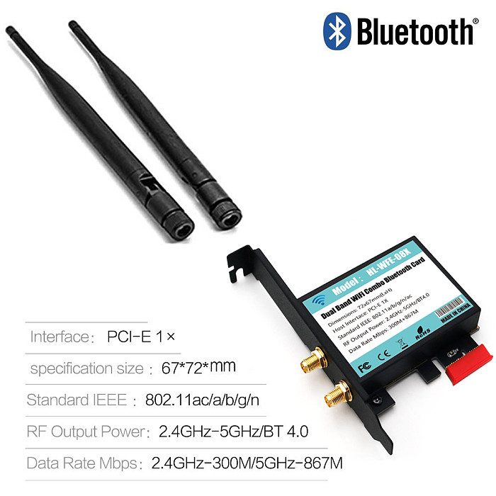 XT-XINTE 802.11 AC A/B/G/N/AC 7265 Module to PCI-E 1X Desktop Wifi Card Adapter Bluetooth 4.0 AC1200 2.4Ghz-300Mbps/5Ghz-867Mbps Bracket