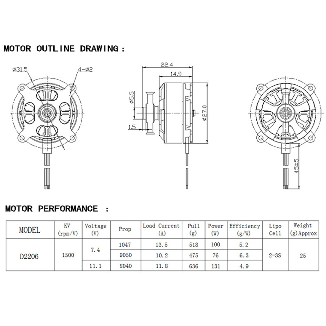 DXW D2206 1500KV for RC FPV Fixed Wing Drone Quadcopter 2-3S Brushless