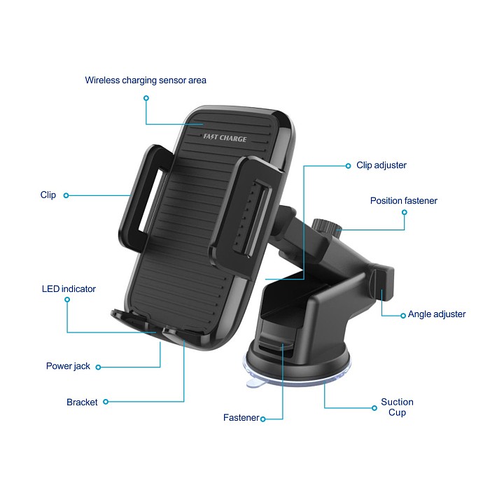 FCLUO Qi Car Wireless Fast Charger Bracket Telescopic Suction Cup + Air Outlet Clip with Fast Charging Plug For Iphone Samsung Mobile Phone