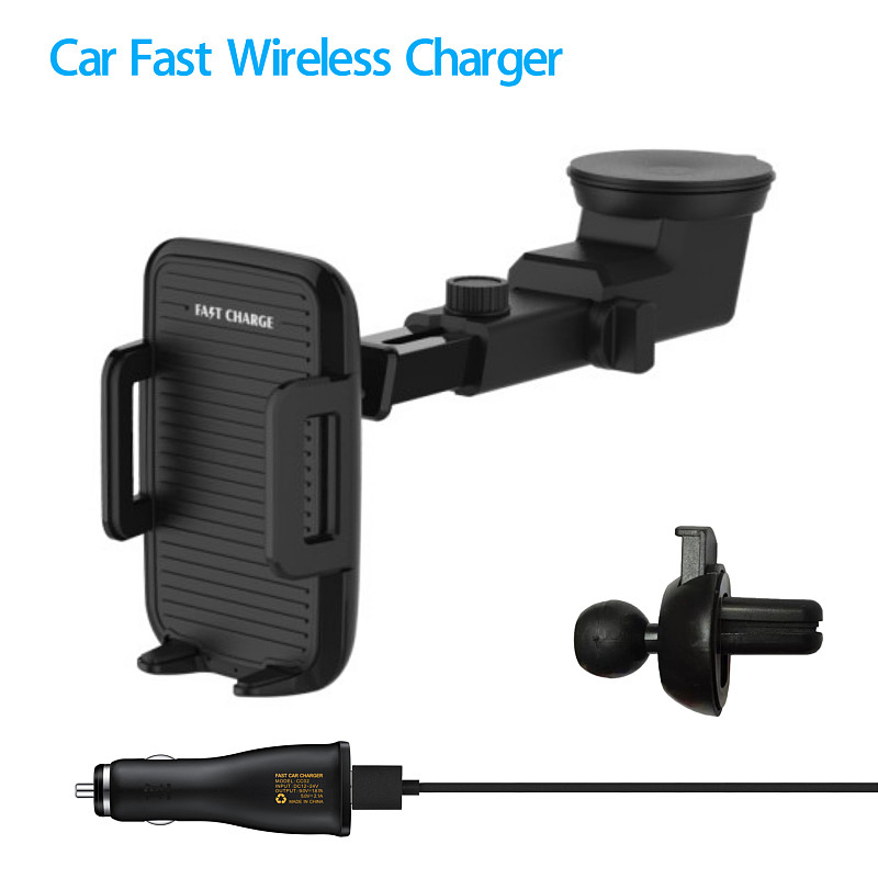 FCLUO Qi Car Wireless Fast Charger Bracket Telescopic Suction Cup + Air Outlet Clip with Fast Charging Plug For Iphone Samsung Mobile Phone