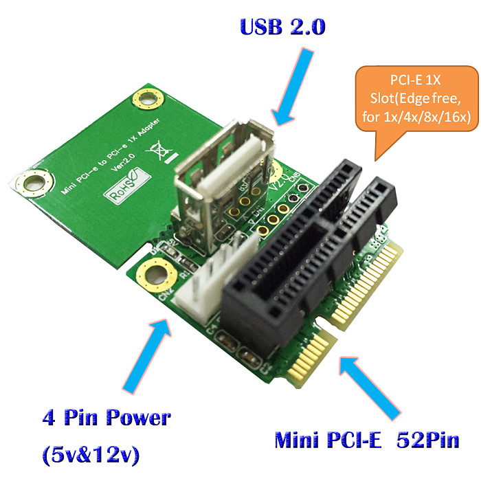 XT-XINTE PCI-E 1X to Half/Full Mini PCI-E Adapter Converter mini PCIe Adapter with 4Pin to SATA Power Cable for WindowsXP/7/8/10