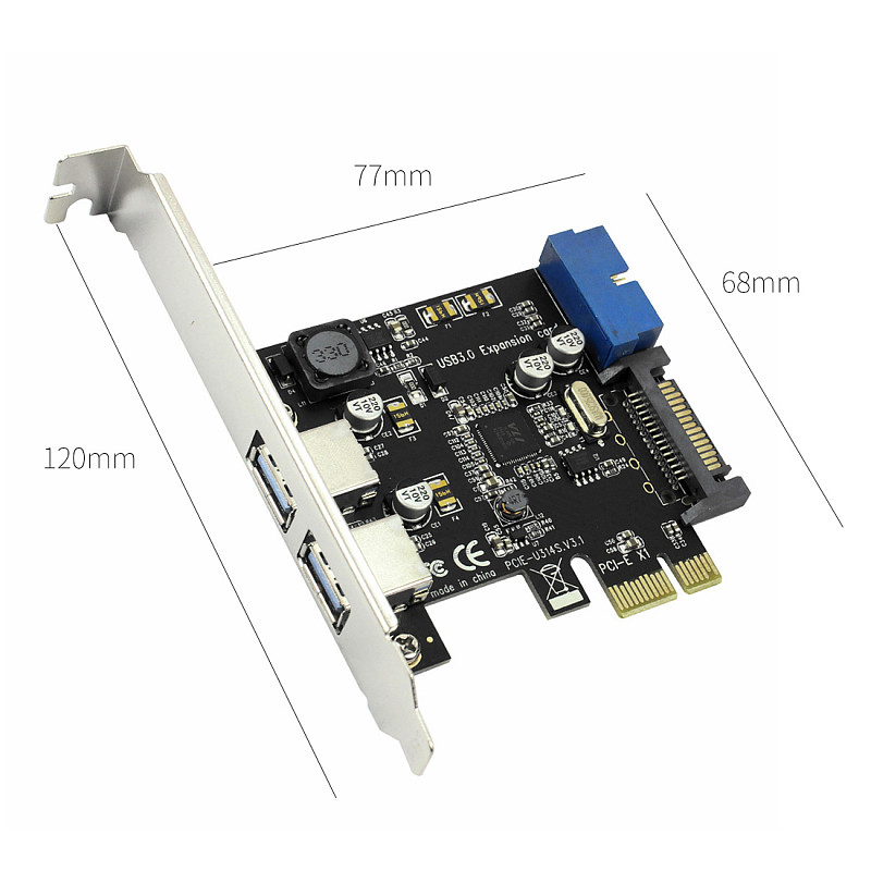 XT-XINTE PCIE to 2 Ports USB3.0 Expansion Card Desktop Front 19/20PIN Header Interface for PCI-E x1/x4/x8/x16 for Windows XP/7/8/8.1/10