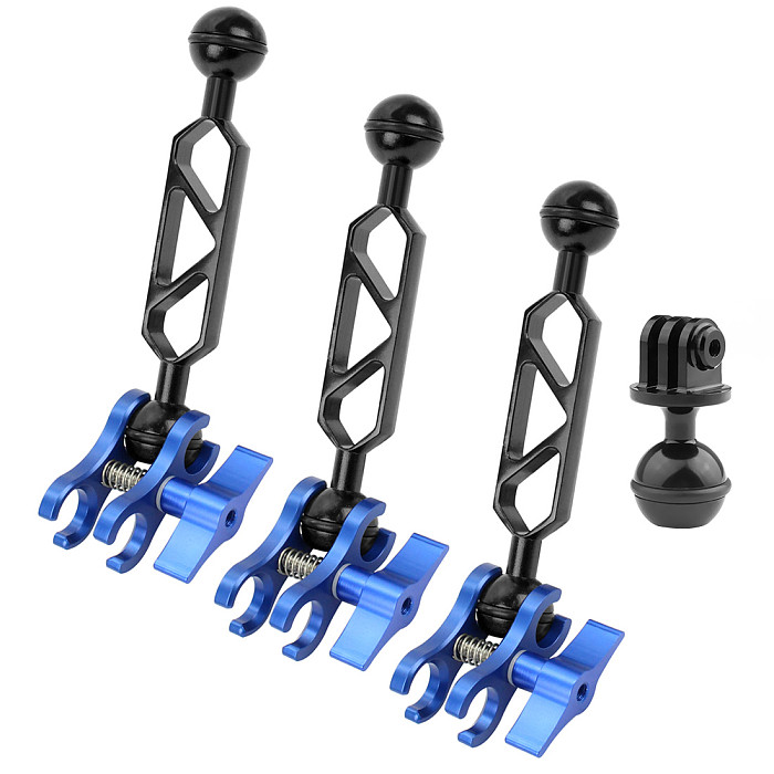 XT-XINTE CNC Aluminum 2-Hole Butterfly Clip Clamp Light Arm Clamp with Lighting Arm Ball Head for Sports Camera Housing Diving Case