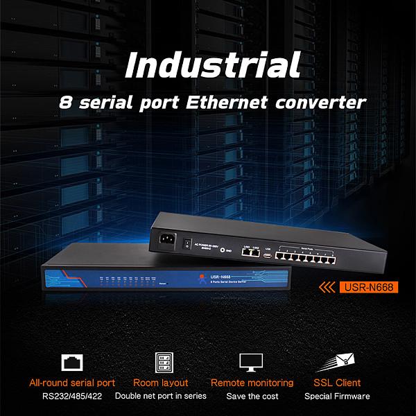 USR-N668 8 Ports Serial Ports Device RS232/RS485/RS422 Serial to Ethernet Converters Module Support TCP Server/UDP Client