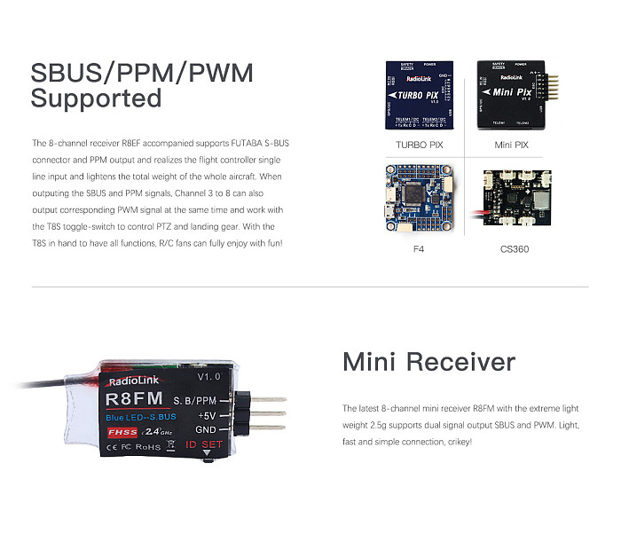 RadioLink 8 Channels Mini Handle Remote Control 1200KHz Supported Receiver R8EF,R8FM,R7FG,R7F,R6FG,R6F for DIY Racing Drone Quadcopter T8S