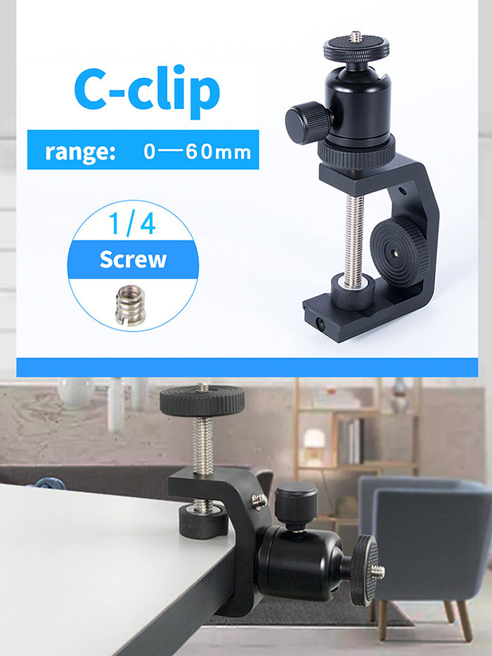 BGNING Aluminum Alloy Large C-clip Fixed and Adjustable Camera Holder Car Phone Clip with 1/4 Inch Camera Screw Nut Adapter LS011
