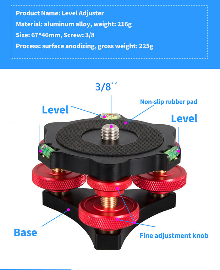 BGNING LP-64 Camera Tripod Head Leveling Base Aluminum Alloy Triple-wheel Precision Leveler Bubble Level 3/8  Screw Load Less Than 15kg