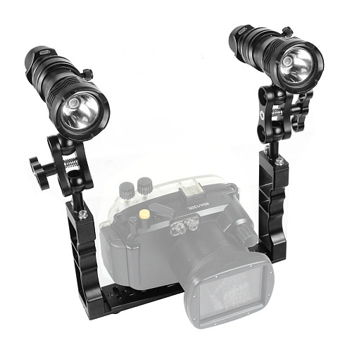 XT-XINTE Aluminum Alloy CNC Diving Photography Bracket with Butterfly Ball Clamp+ 2pcs Flashlight + Fixed Clip for SLR Sports Camera Photography