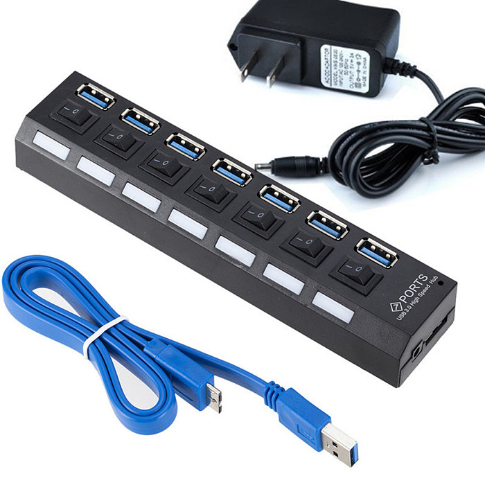 XT-XINTE ​USB 3.0 HUB WITH On / Off Switch USB Splitter 4/7 Multiple USB Expansion Ports with Power Adapter US EU Plug High Speed USB3.0 Hub