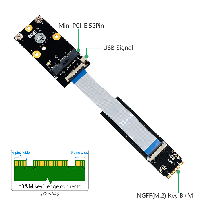 XT-XINTE M.2 Wifi Adapter M.2 NGFF Key B+M to Mini PCI-E Wifi Network Card M.2 to Mini PCI Express Wifi Bluetooth Adapter with FFC Cables