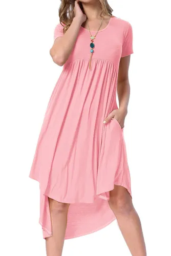 Pink Short Sleeve High Low Pleated Casual Swing Dress