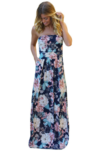 Peach Navy Floral Strapless Maxi Dress with Pockets