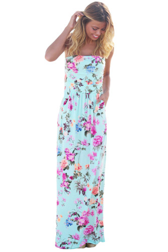 Blue Boho Floral Strapless Maxi Dress with Pockets