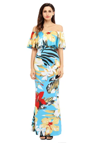 Teal Yellow Floral Print Off Shoulder Maxi Boho Dress