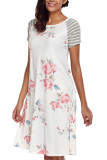 White Backdrop Floral Print A-line Loose T-shirt Dress