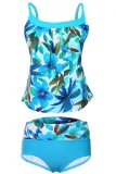 Bluish Floral Print 2pcs Tankini Swimsuit