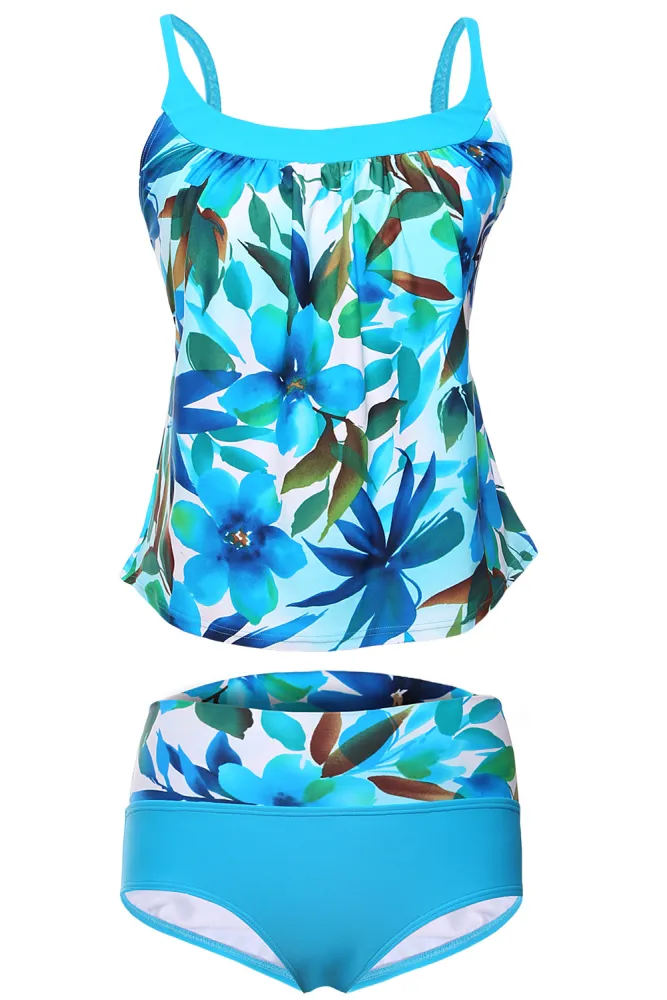 Bluish Floral Print 2pcs Tankini Swimsuit