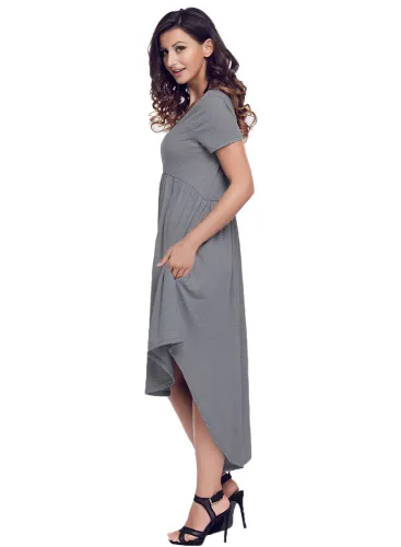 Grey Short Sleeve High Low Pleated Casual Swing Dress