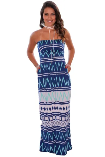 Navy Geometric Strapless Maxi Dress with Pockets