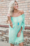 Mint Off The Shoulder 3/4 Sleeve Floral Lace Dress