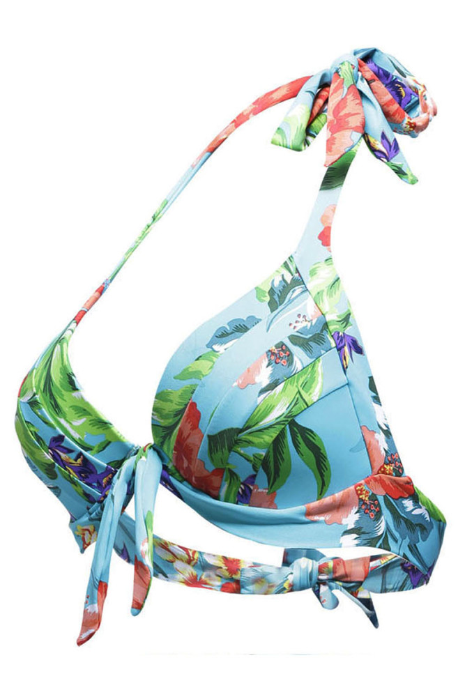 Floral Print Bluish Retro Tie Front Bikini Top