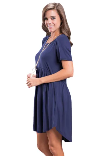 Navy Blue Short Sleeve Pullover Babydoll Style Casual Dress