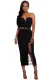 Black Sexy Strapless V-neck Side Slits Tube Midi Dress