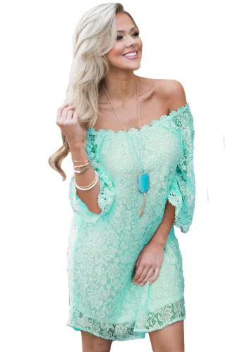 Mint Off The Shoulder 3/4 Sleeve Floral Lace Dress