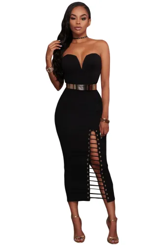 Black Sexy Strapless V-neck Side Slits Tube Midi Dress