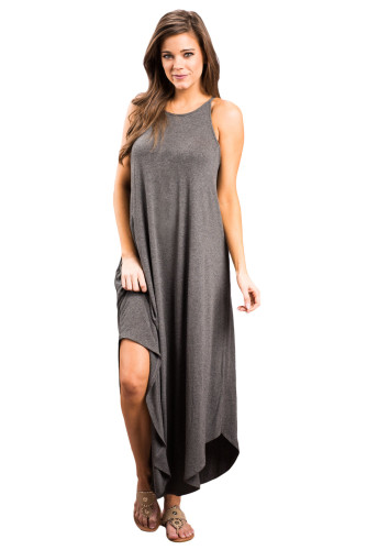Dark Gray Sexy Chic Sleeveless Asymmetric Trim Maxi Dress