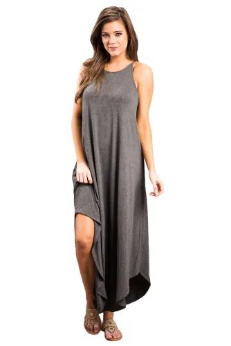 Dark Gray Sexy Chic Sleeveless Asymmetric Trim Maxi Dress