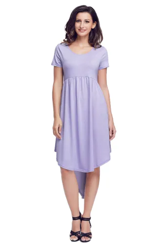 Mauve Short Sleeve High Low Pleated Casual Swing Dress