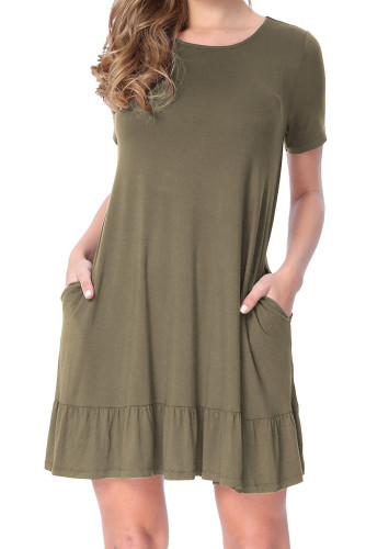 Army Green Short Sleeve Draped Hemline Casual Shirt Dress