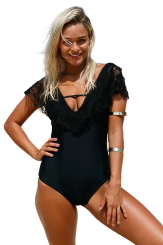 Black Lace Ruffle Cap Sleeve One Piece Swimsuit