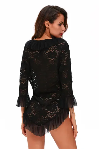Black Womens Long Sleeve Lace Jacket with Thong